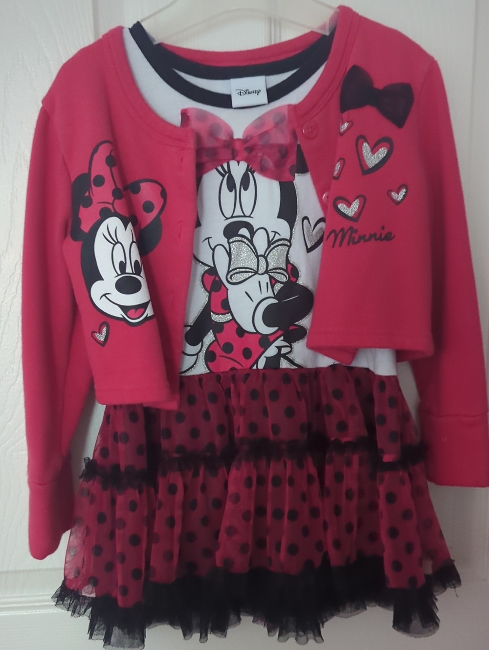2/$20 Disney Girls' Pink and Black Minnie Mouse Dress with Polka Dot Tulle Skirt